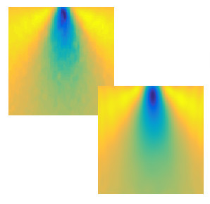 A displacement field on the surface of an indented block measured using digital image correlation (top) and a reconstruction of the same displacement field using fifty image moments (bottom). 