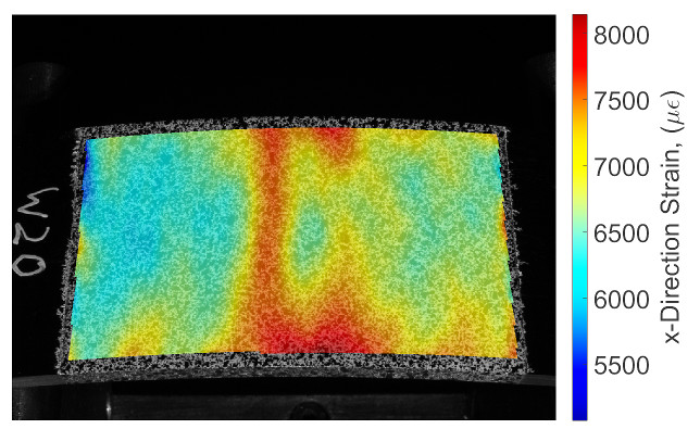 The surface strain field on a composite coupon containing fibre-waviness under a four-point bend load. The strains were measured using stereoscopic digital image correlation.