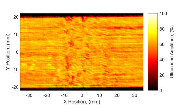 Pulse-echo ultrasound C-scan used to view fibre tows in a composite coupon.