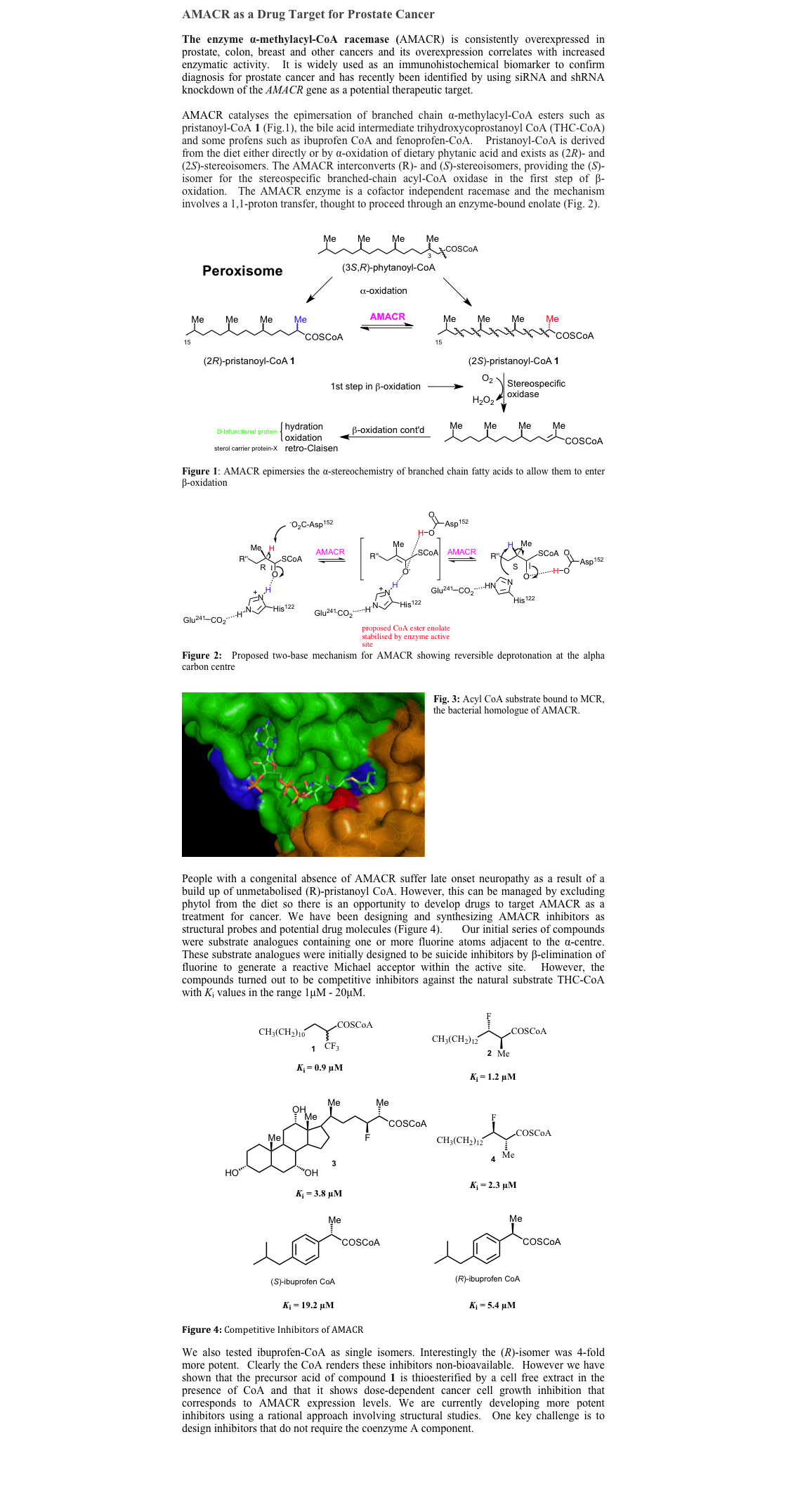 AMACR as a Drug Target for Prostate Cancer

The enzyme α-methylacyl-CoA racemase (AMACR) is consistently overexpressed in prostate, colon, breast and other cancers and its overexpression correlates with increased enzymatic activity.  It is widely used as an immunohistochemical biomarker to confirm diagnosis for prostate cancer and has recently been identified by using siRNA and shRNA knockdown of the AMACR gene as a potential therapeutic target. 

AMACR catalyses the epimersation of branched chain α-methylacyl-CoA esters such as pristanoyl-CoA 1 (Fig.1), the bile acid intermediate trihydroxycoprostanoyl CoA (THC-CoA) and some profens such as ibuprofen CoA and fenoprofen-CoA.   Pristanoyl-CoA is derived from the diet either directly or by α-oxidation of dietary phytanic acid and exists as (2R)- and (2S)-stereoisomers. The AMACR interconverts (R)- and (S)-stereoisomers, providing the (S)-isomer for the stereospecific branched-chain acyl-CoA oxidase in the first step of β-oxidation.  The AMACR enzyme is a cofactor independent racemase and the mechanism involves a 1,1-proton transfer, thought to proceed through an enzyme-bound enolate (Fig. 2).


￼

Figure 1: AMACR epimersies the α-stereochemistry of branched chain fatty acids to allow them to enter β-oxidation


￼
Figure 2:  Proposed two-base mechanism for AMACR showing reversible deprotonation at the alpha carbon centre

￼
Fig. 3: Acyl CoA substrate bound to MCR, the bacterial homologue of AMACR.














People with a congenital absence of AMACR suffer late onset neuropathy as a result of a build up of unmetabolised (R)-pristanoyl CoA. However, this can be managed by excluding phytol from the diet so there is an opportunity to develop drugs to target AMACR as a treatment for cancer. We have been designing and synthesizing AMACR inhibitors as structural probes and potential drug molecules (Figure 4).[1]  Our initial series of compounds were substrate analogues containing one or more fluorine atoms adjacent to the α-centre.  These substrate analogues were initially designed to be suicide inhibitors by β-elimination of fluorine to generate a reactive Michael acceptor within the active site.  However, the compounds turned out to be competitive inhibitors against the natural substrate THC-CoA with Ki values in the range 1μM - 20μM.

￼

Figure 4: Competitive Inhibitors of AMACR

We also tested ibuprofen-CoA as single isomers. Interestingly the (R)-isomer was 4-fold more potent.  Clearly the CoA renders these inhibitors non-bioavailable.  However we have shown that the precursor acid of compound 1 is thioesterified by a cell free extract in the presence of CoA and that it shows dose-dependent cancer cell growth inhibition that corresponds to AMACR expression levels. We are currently developing more potent inhibitors using a rational approach involving structural studies.  One key challenge is to design inhibitors that do not require the coenzyme A component.

[1] Carnell, A. J.; Hale, I.; Denis, S.; Wanders, R. J. A.; Isaacs, W. B.; Wilson, B. A.; Ferdinandusse, S. J. Med. Chem. 2007, 50, 2700–2707.

