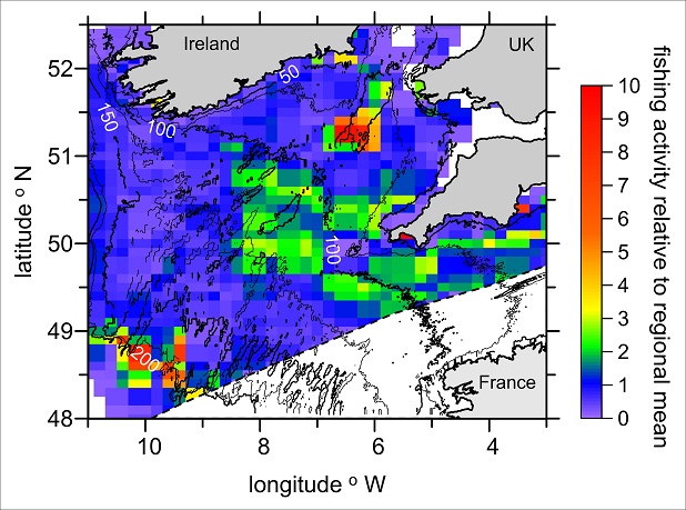 Distribution of fishing activity across the Celtic Sea based on Vessel Monitoring System data on fishing vessel positions.