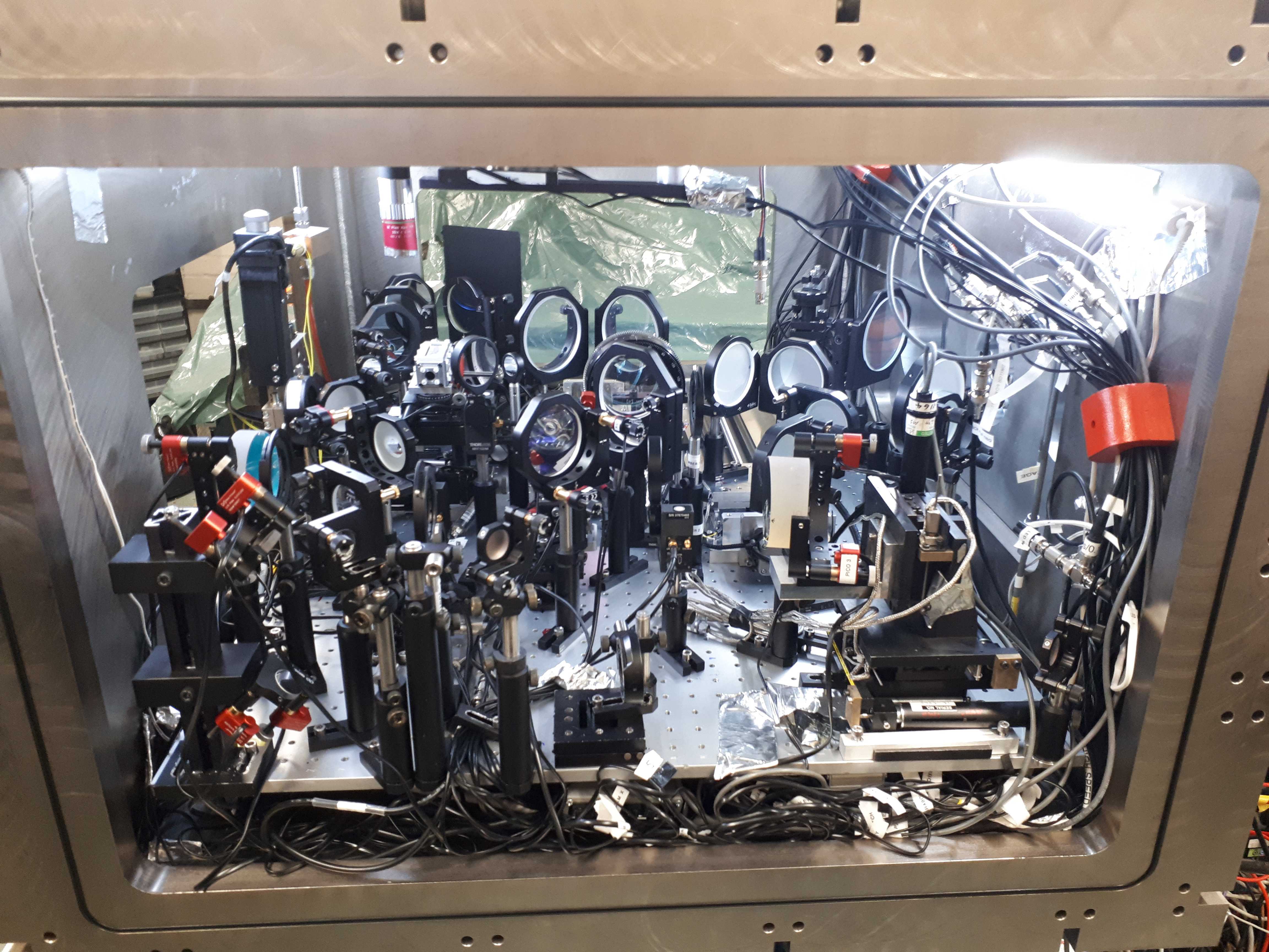 The crowded vacuum chamber of our 2018 experiment in Target Area 2 of the Central Laser Facility, Rutherford Appleton Laboratory
